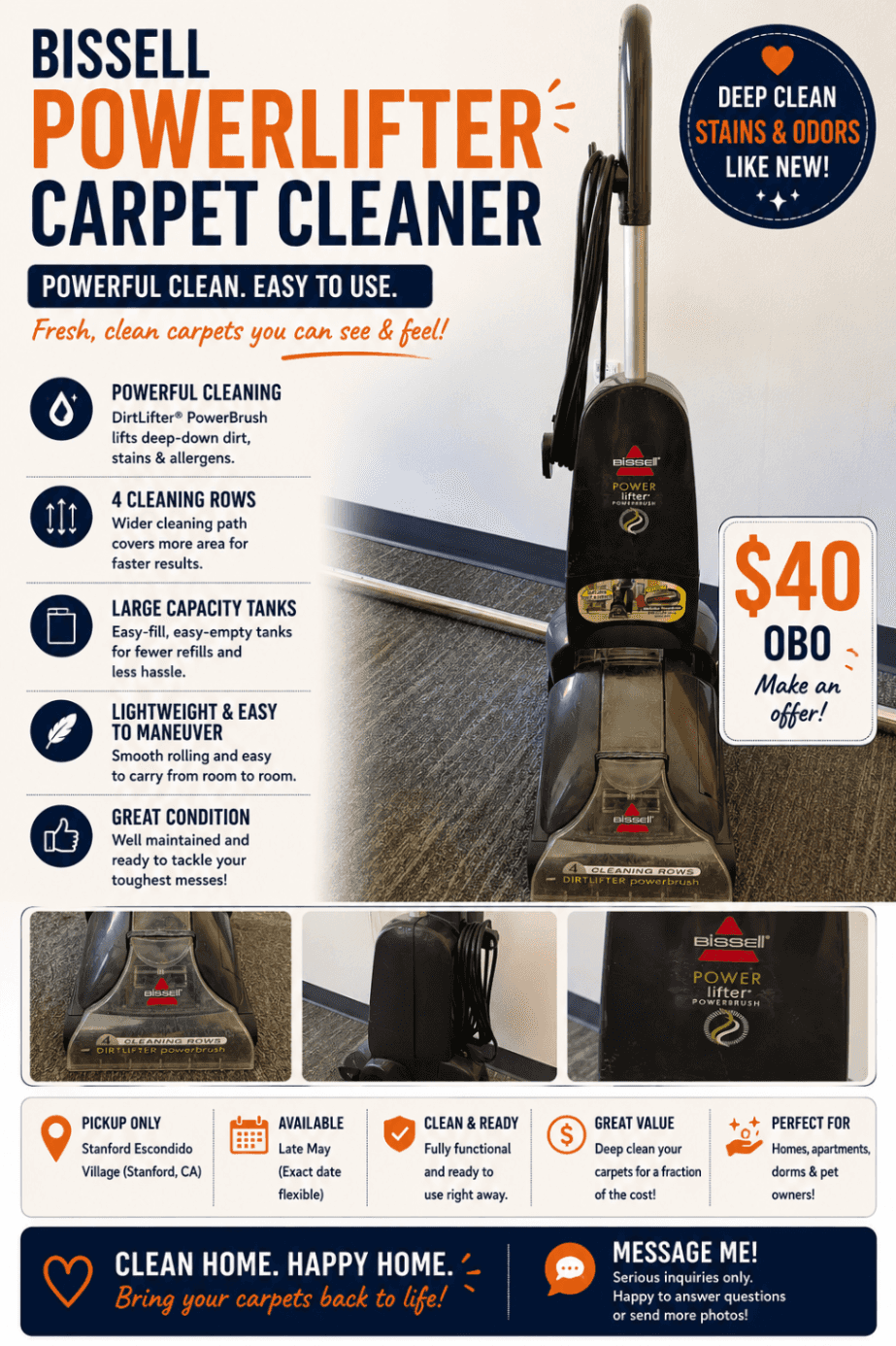 SOLD - 🧼✨ Bissell PowerLifter PowerBrush carpet cleaner for sale! Works great and perfect for apartments, dorms, pet messes, move-outs, or refreshing carpets before summer ☀️ 1